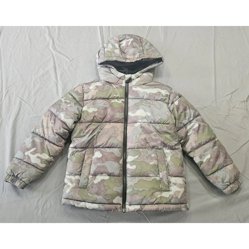Swiss Tech Puffer Jacket Kids Size S 6-7 Green Camo Hooded Fleece Lined Coat